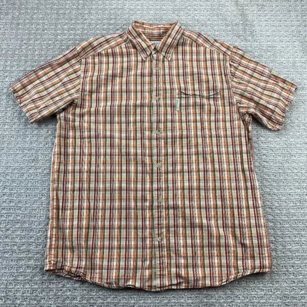 Columbia Shirt Men Large L Orange Plaid Button Up Short Sleeve Outdoor Camping